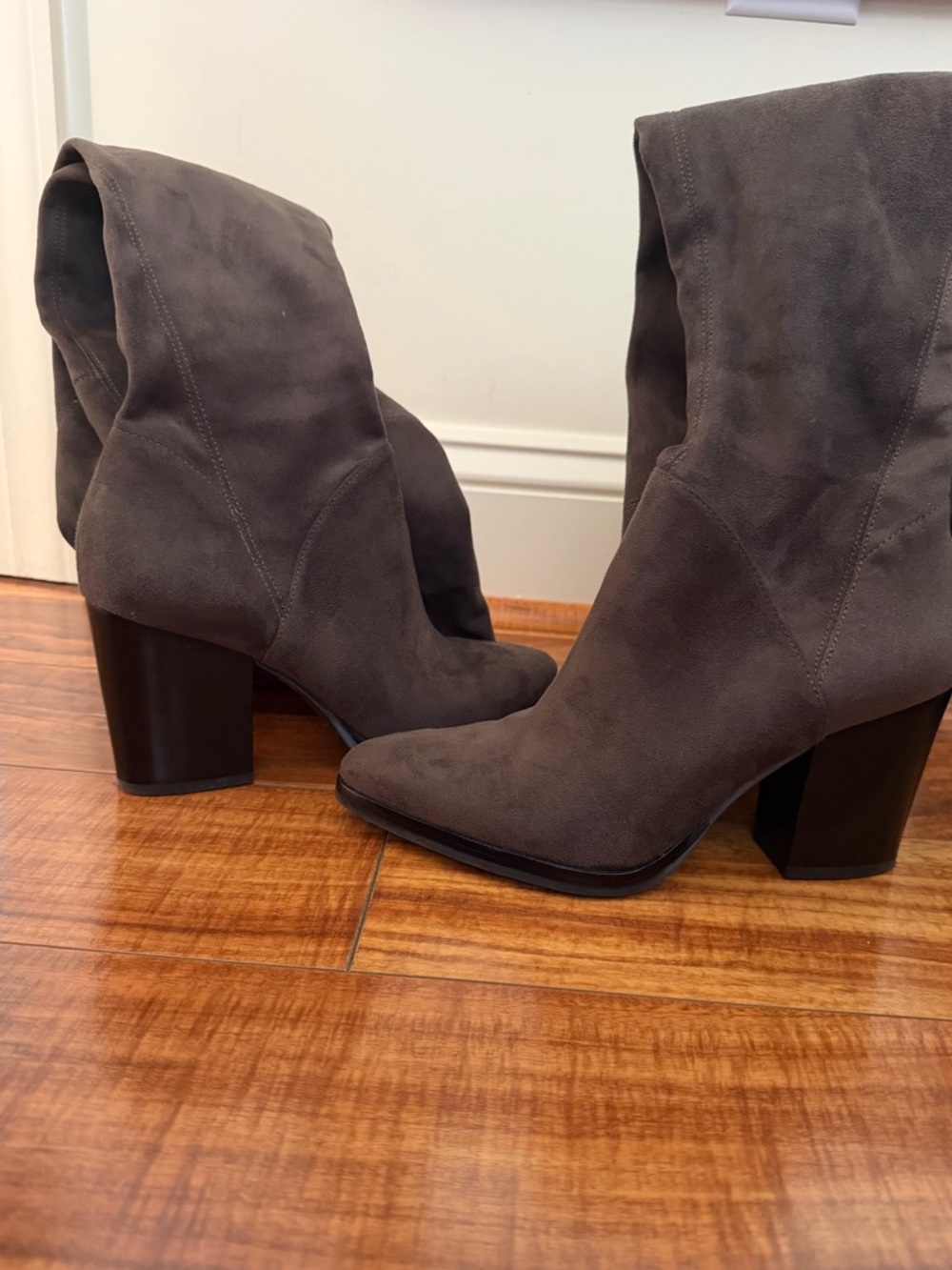 Women's Gray Suede Block Heel Over the Knee Boots